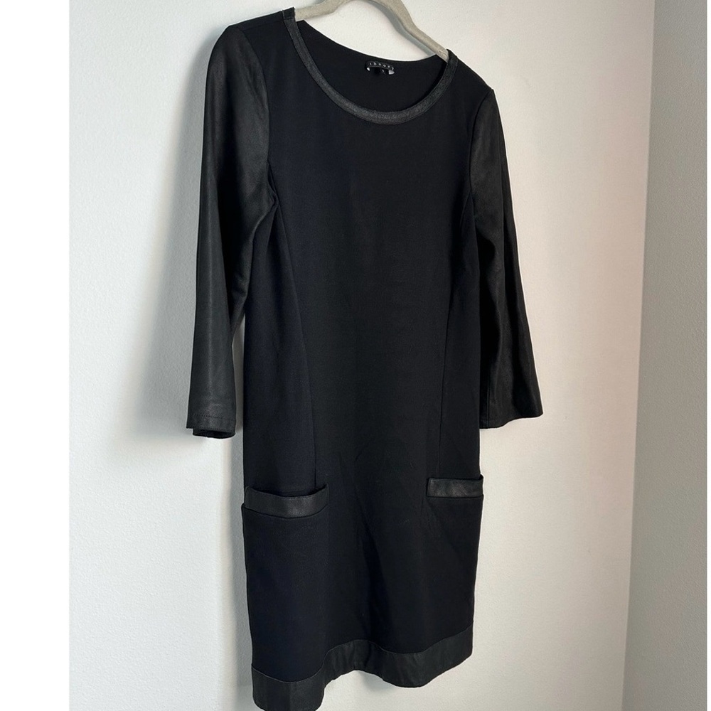 Theory Black Dress with Leather Sleeves Size S